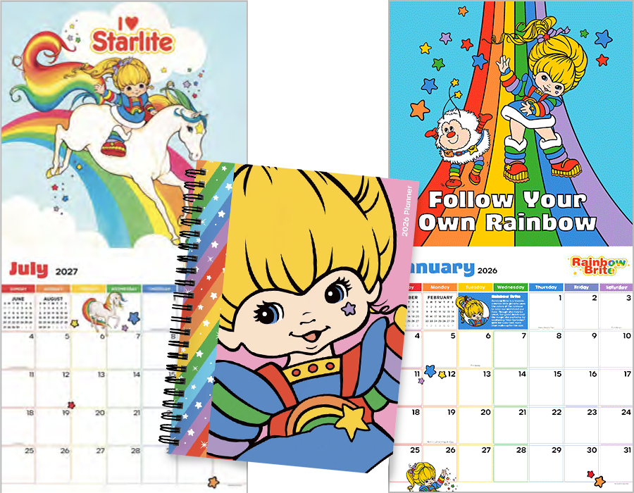 Images of kids and colorful scenes from children's calendars and coloring books, featuring characters like a blonde girl with a star on her cheek, a girl with a puppy, and a girl riding a unicorn with rainbow mane and tail.