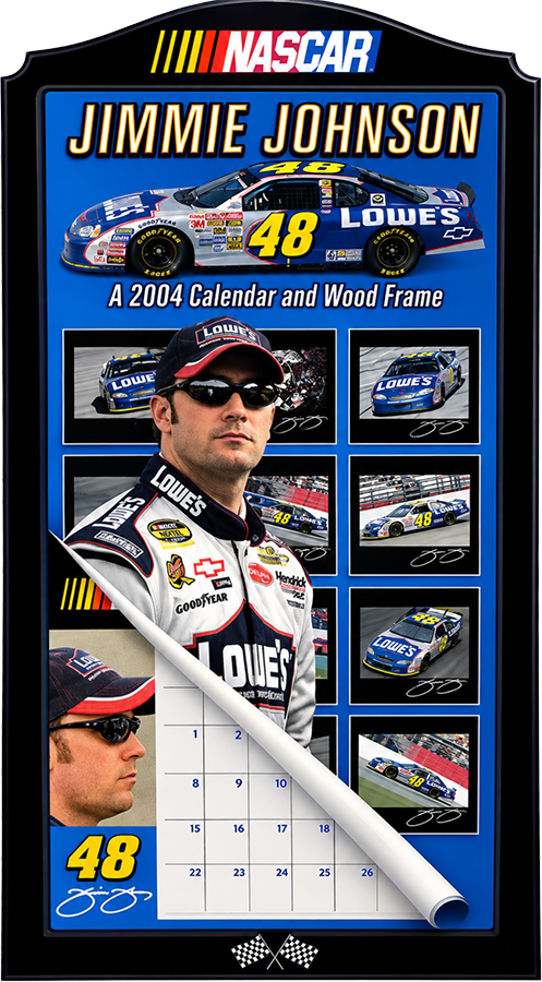 NASCAR Jimmie Johnson 2004 calendar with race car, driver photo, and race images.