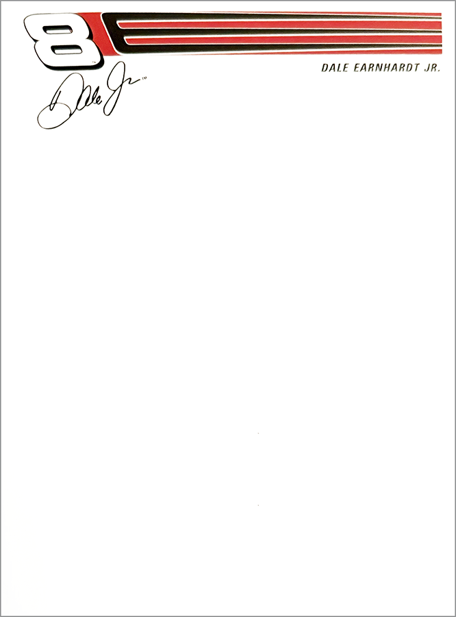 Dale Earnhardt Jr. promotional letterhead featuring his signature and logo with the number 8 in racing style.
