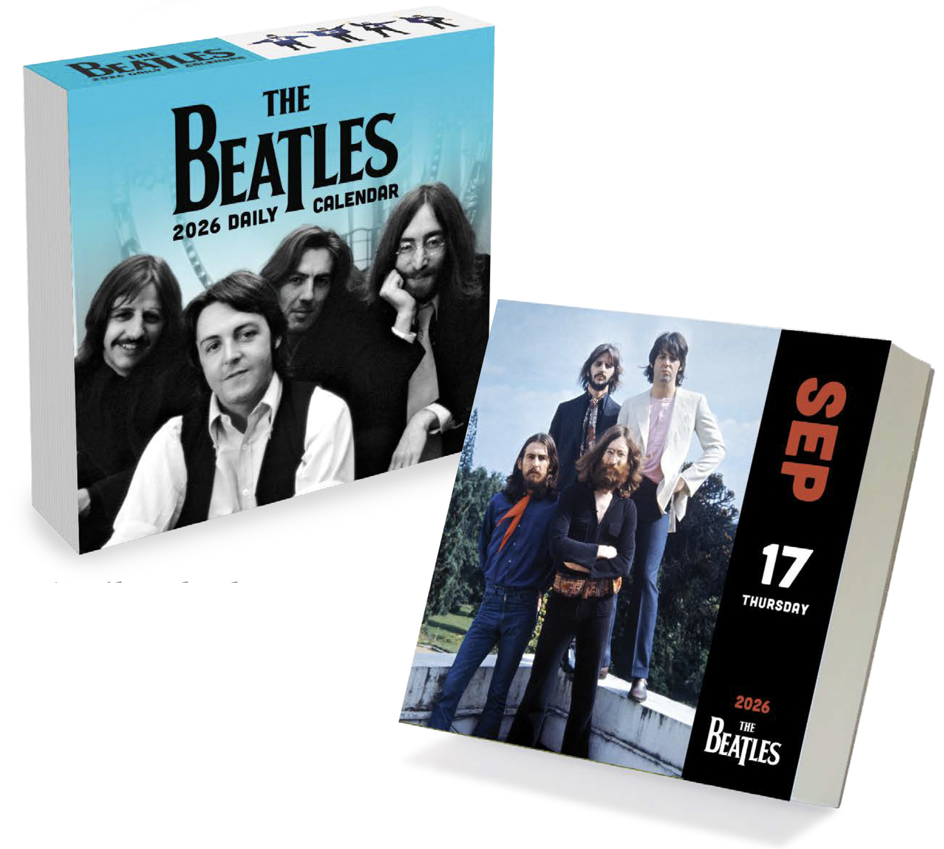 2026 daily calendar pages for The Beatles, featuring black-and-white and color photos of band members.