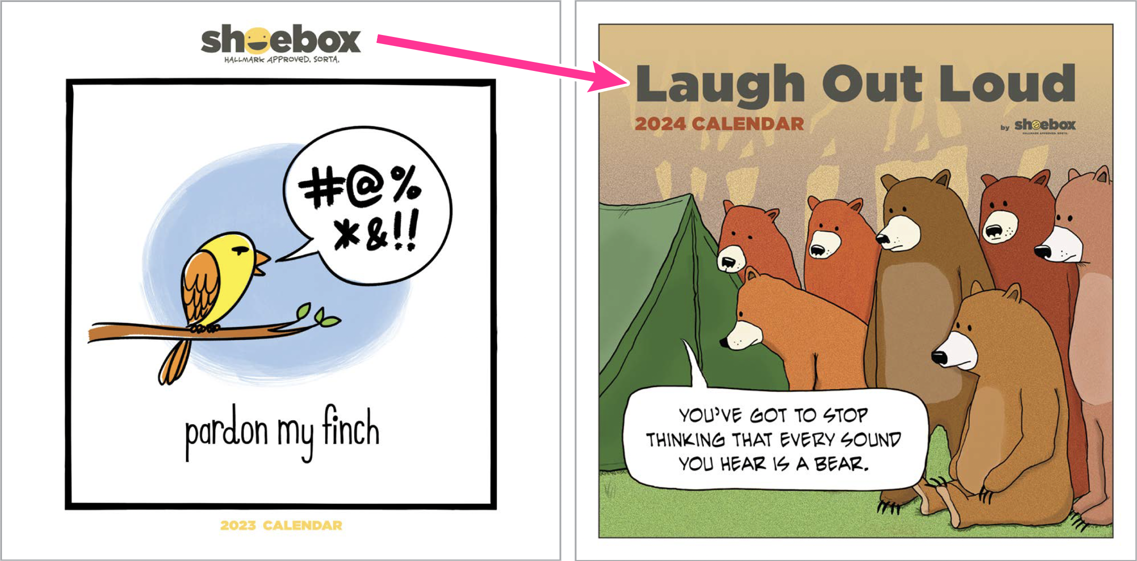 A 2024 calendar titled "Laugh Out Loud" featuring cartoon animals, including a group of bears and a flying finch. The finch appears to be angry or upset, with a speech bubble containing symbols indicating swearing, and the phrase "pardon my finch" below. The calendar is branded by Shoebox.