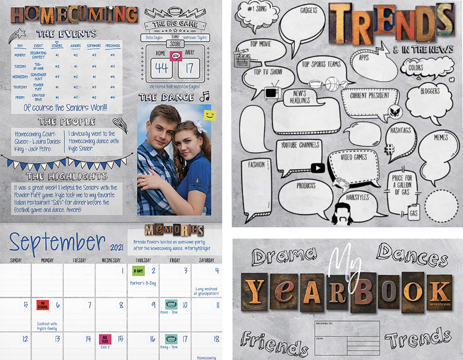 A collage of four different pages from a student's scrapbook or journal. The first page features a school event summary, a photo of two students, and a September 2021 calendar. The second page is a handwritten mind map of current trends and news topics. The third page is a colorful scrapbook title page with the words 'My Yearbook' and sections for memories and personal information. The fourth page contains decorative handwriting with the words 'Drama,' 'Dances,' 'Friends,' and 'trends' surrounding a collage of images and text.