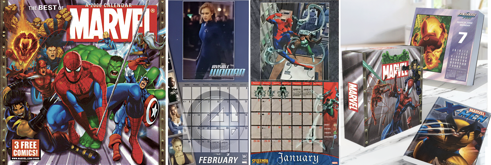 Collection of Marvel-themed monthly desk calendars featuring comic book characters and artwork. The display includes calendars for February, January, and March 2006, with images of Spider-Man, Wolverine, and other Marvel superheroes, alongside related merchandise and a 2006 Marvel calendar box.