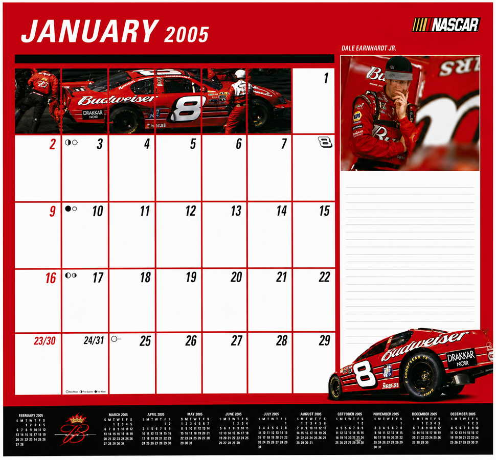 January 2005 NASCAR calendar featuring Dale Earnhardt Jr. with a racing car and a photo of him in his racing suit, with a red and black color scheme.