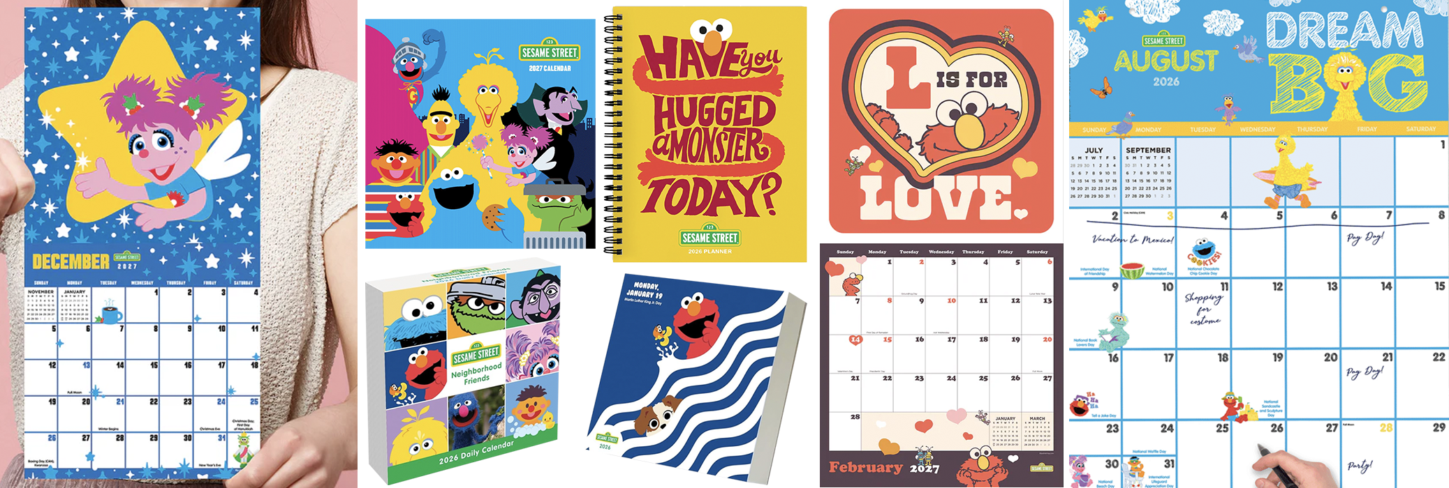 Several colorful children's calendars and planners featuring Sesame Street characters like Elmo, Big Bird, Cookie Monster, and others. The calendars display months December, January, February, and August for the years 2026 and 2027, with playful designs and themed pages.