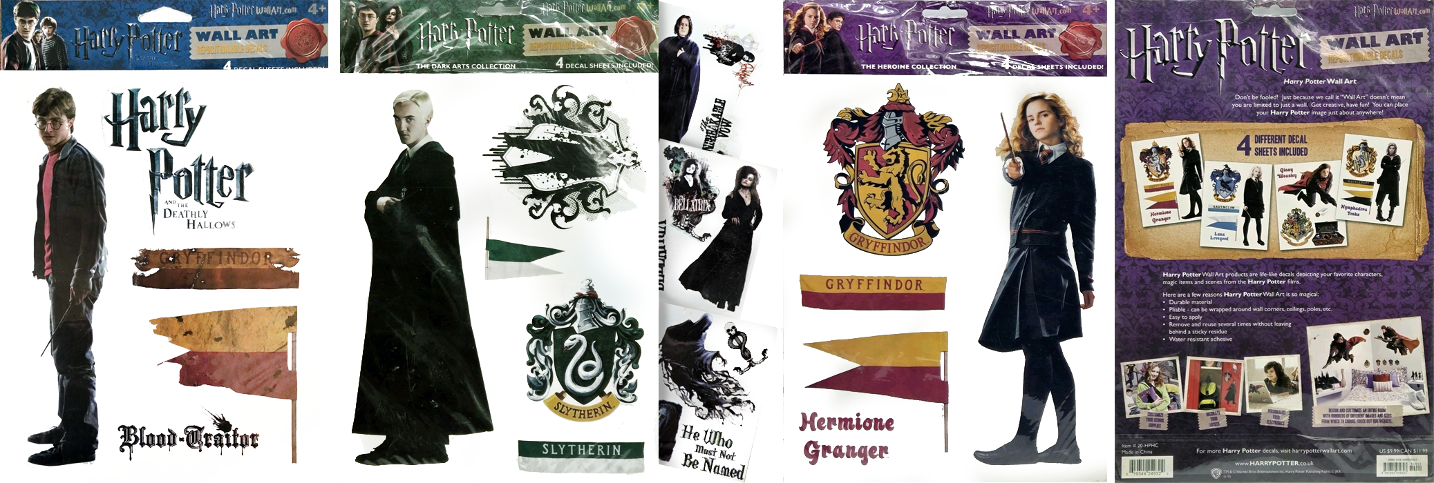 Set of Harry Potter-themed wall art and decal sheets featuring characters like Harry Potter, Draco Malfoy, Bellatrix Lestrange, and Hermione Granger, with house crests for Gryffindor, Slytherin, and Ravenclaw.