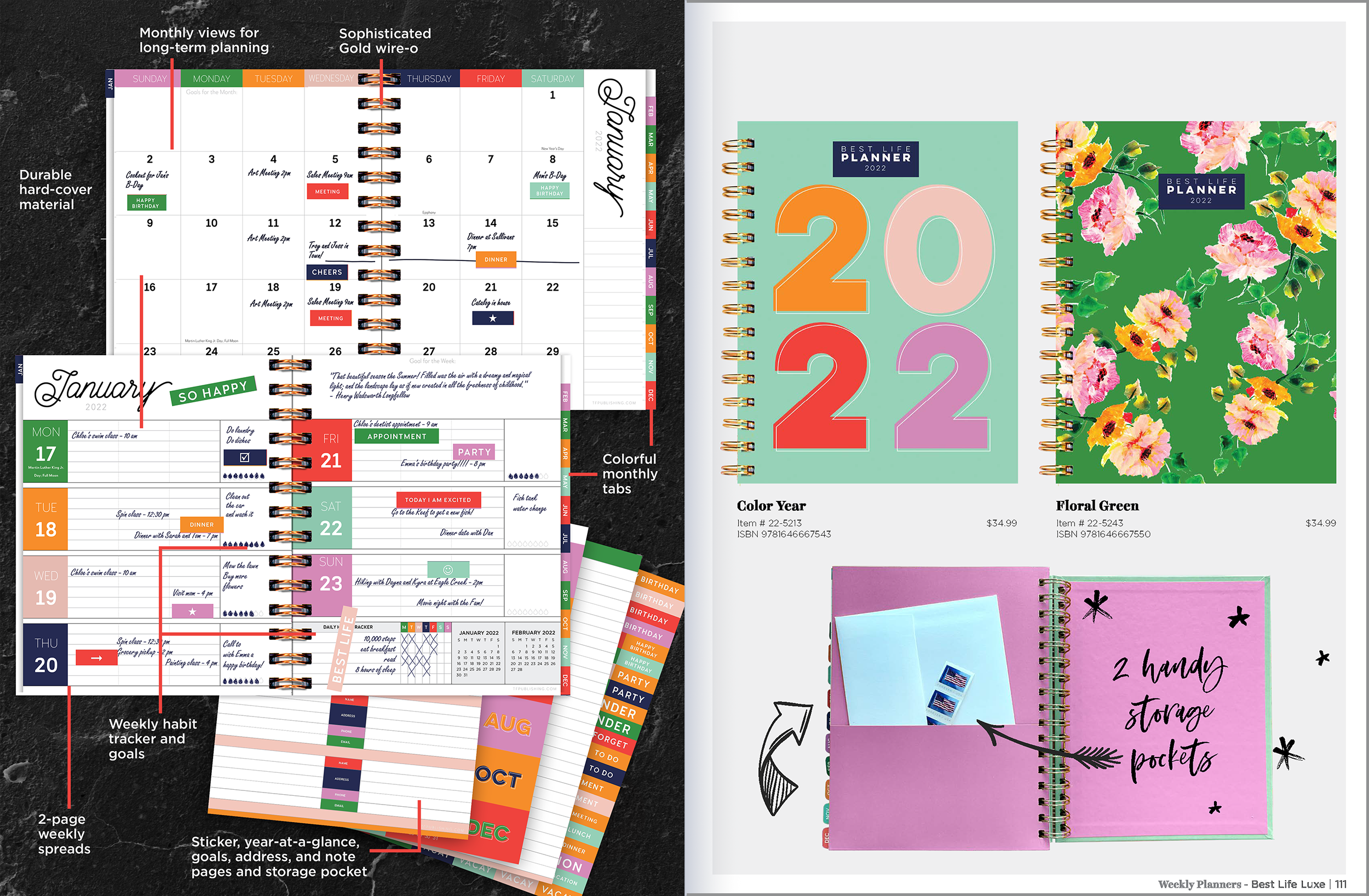 A collection of colorful planners and calendars for organizing schedules, goals, and notes. Includes a 2022 planner with large numbers, floral designs, and weekly spreads with goals, appointments, and note pages.