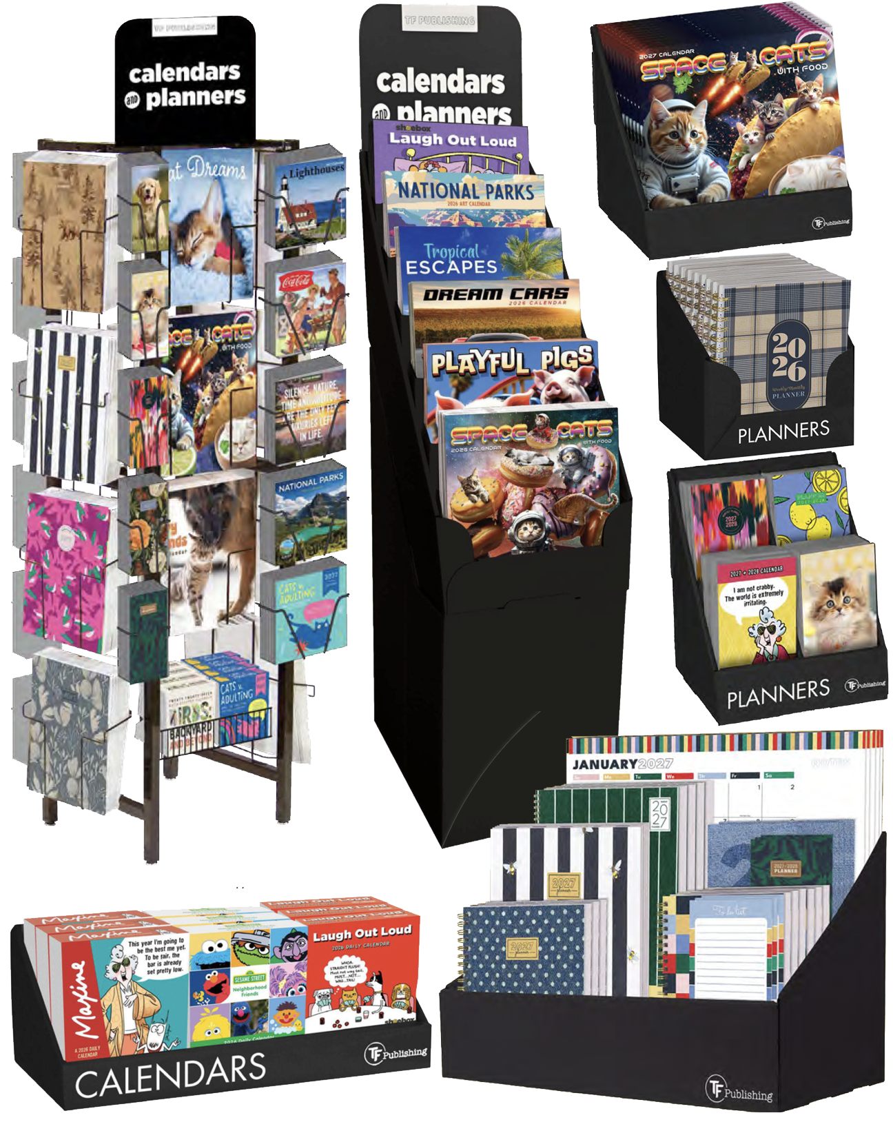 Display of various calendars and planners on black stands and racks, including themed calendars with cats, dogs, space, food, and colorful designs, arranged for sale.