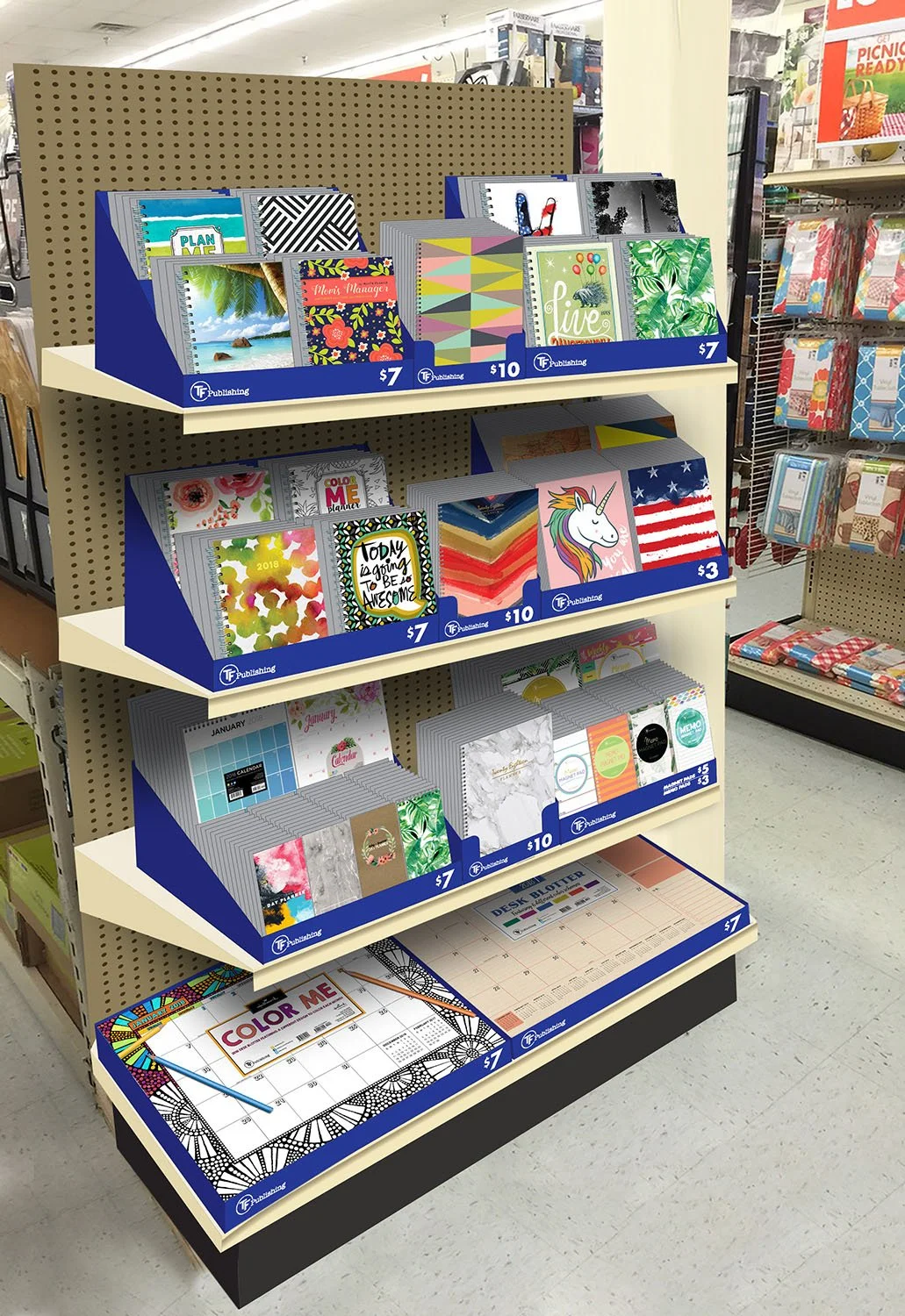 Display of notebooks, planners, and stationery on store shelf.