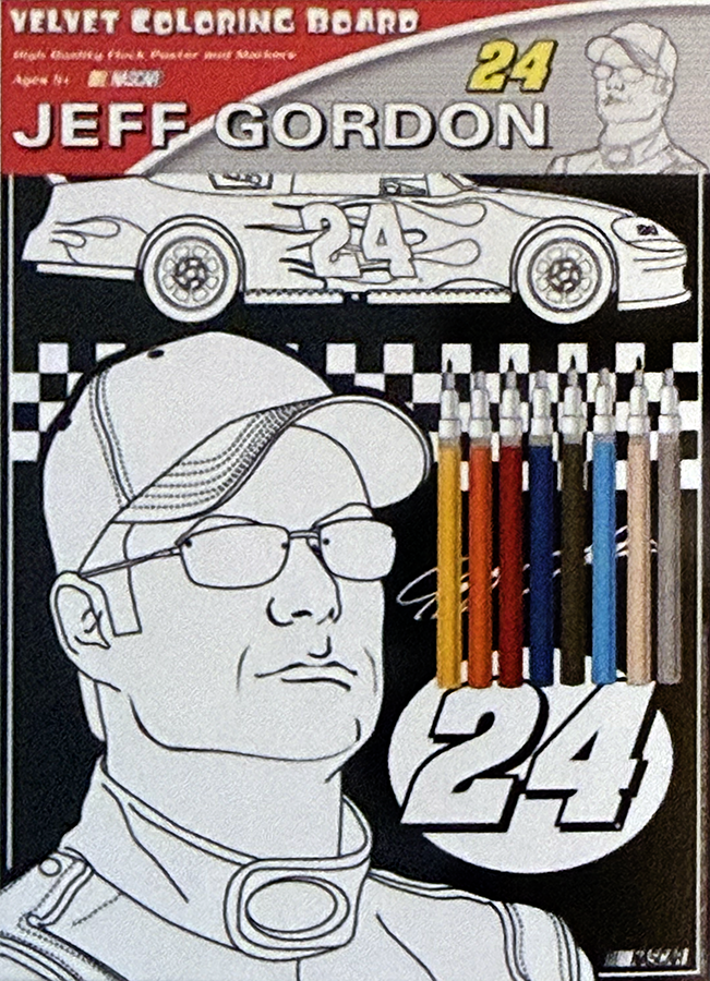 Velvet coloring board featuring Jeff Gordon, a race car driver, with a race car, a portrait of Jeff Gordon, and crayons.