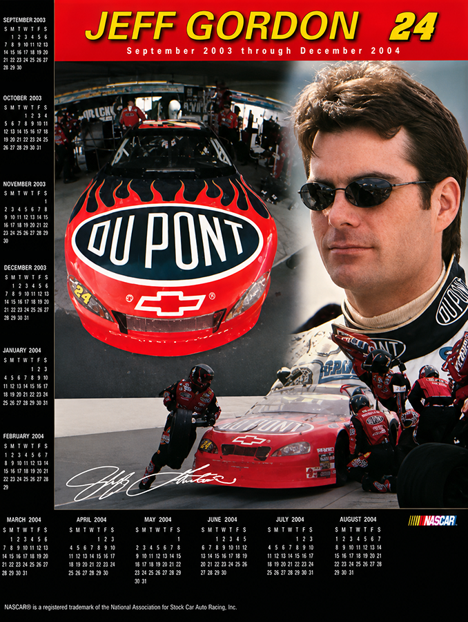 A September 2003 calendar featuring Jeff Gordon, a NASCAR driver, with images of his race car, crew, and a portrait of him wearing sunglasses and a racing suit.