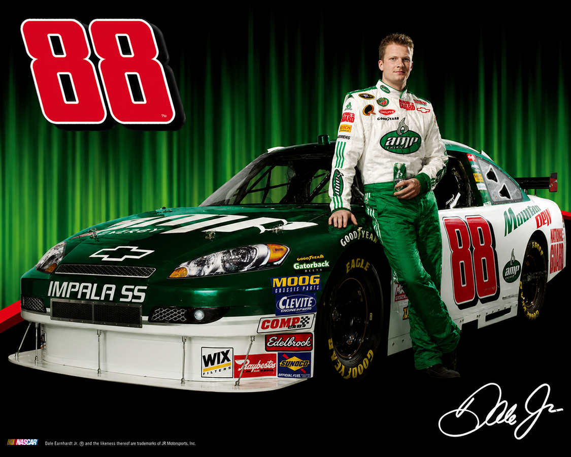 An action shot of Dale Earnhardt Jr. standing next to his green and white NASCAR race car, number 88, with a green curtain background. He is wearing a racing suit and holding a trophy, with his signature at the bottom right.
