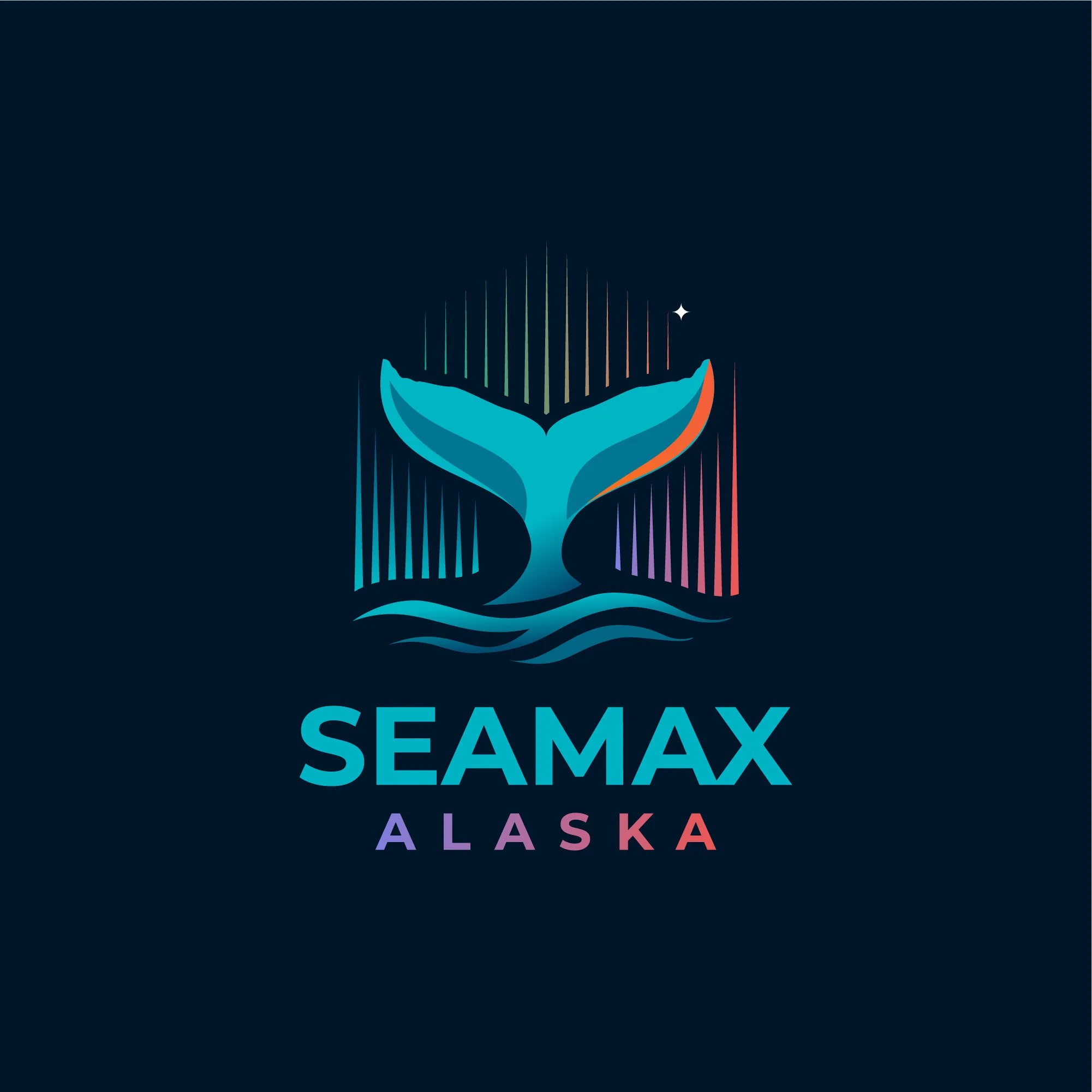 Stylized image of a whale emerging from water with rainbow-colored vertical lines extending upward, above the word 'Seamax' and 'Alaska'.