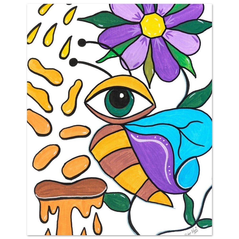 Colorful illustration featuring a large purple flower with a yellow center, a bee with black and yellow stripes, an eye, blue and purple abstract shapes, falling honey drops, and green leaves.