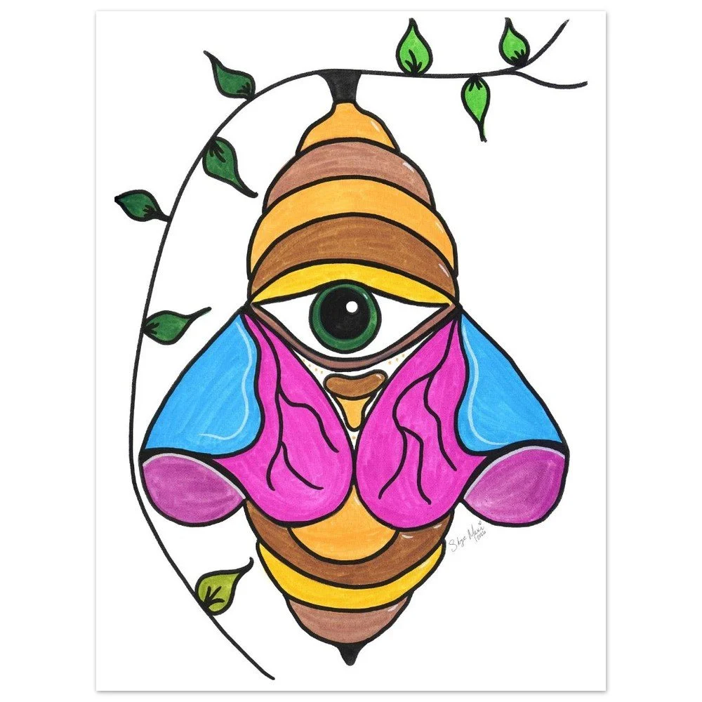 Colorful drawing of a bee with a large central eye, pink and blue wings, and green leaves on a branch