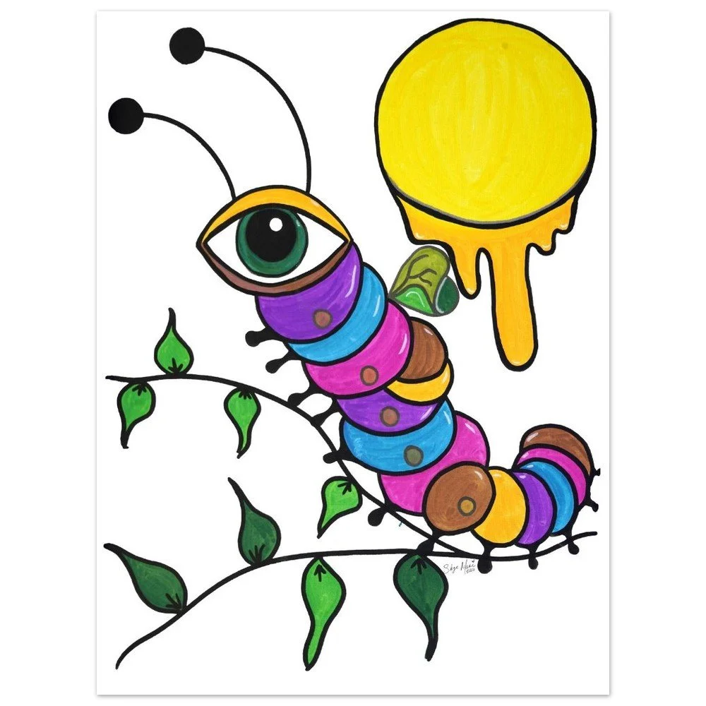 Colorful cartoon caterpillar with an eye on its head, sitting on a vine with green leaves, near a large yellow dripping sun in a whimsical style.
