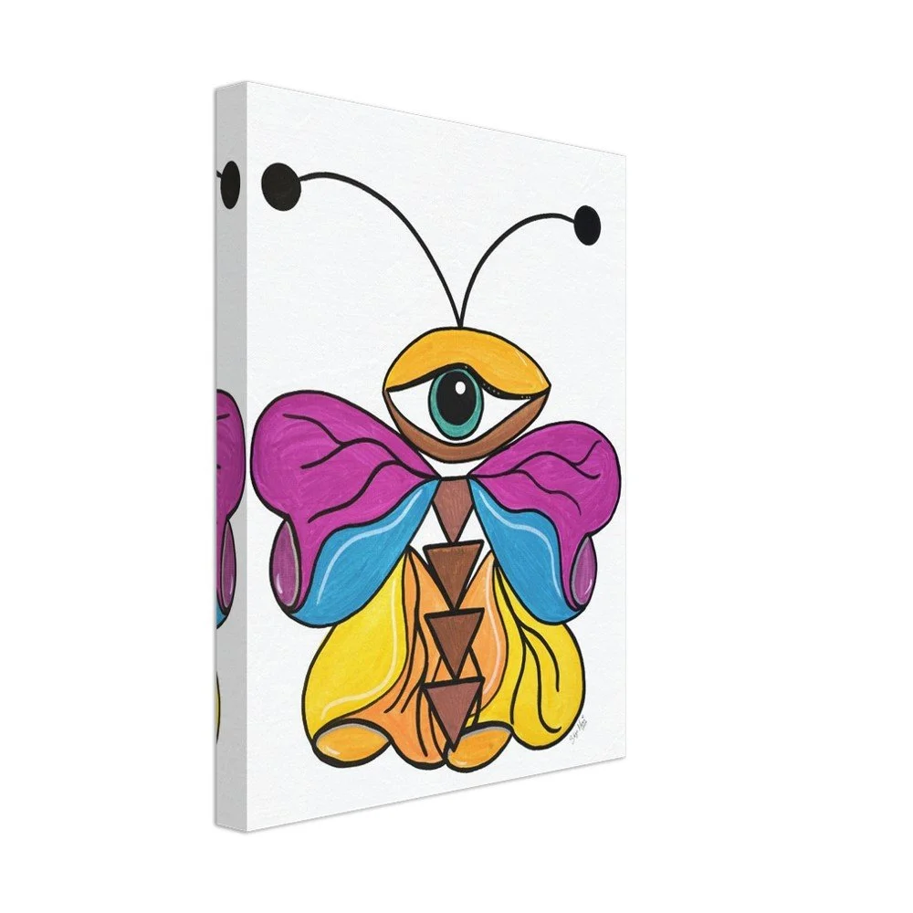 Colorful drawing of a butterfly with a single eye on its face, yellow head, purple and blue wings, and a body made of brown and yellow triangles.