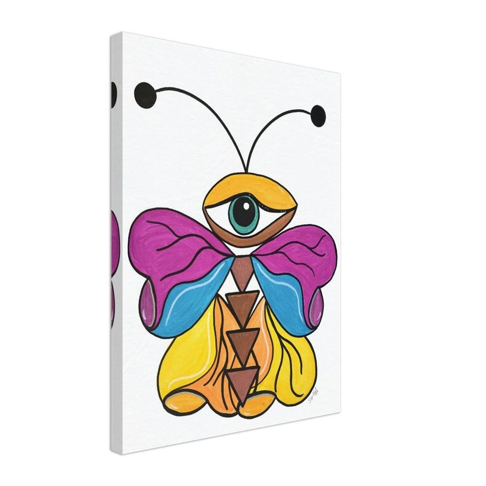 Colorful cartoon butterfly with one large eye, purple wings with black lines, yellow and orange body, and antennae, on a white background.