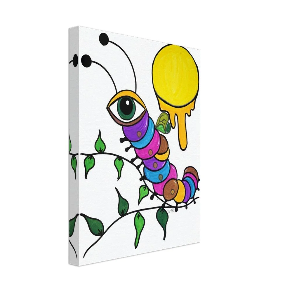 Colorful cartoon caterpillar with an eye on its head sitting on a leaf, with a yellow dripping balloon nearby.