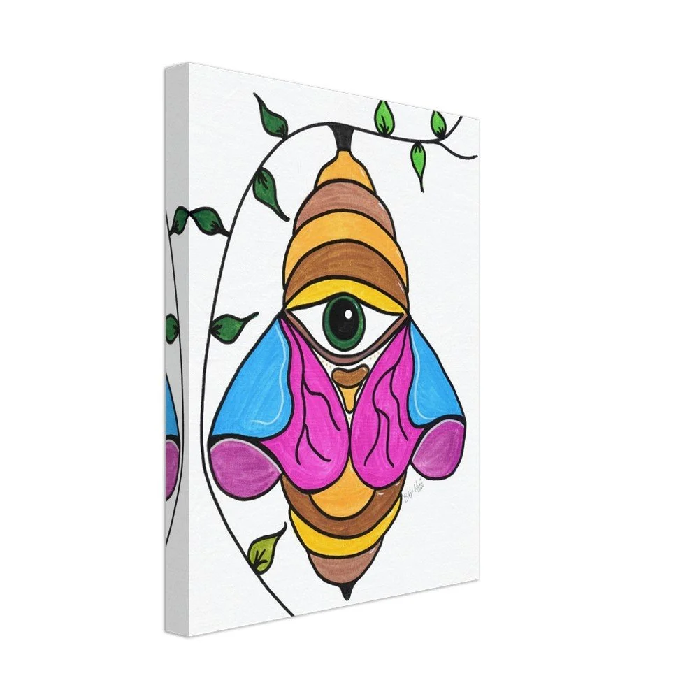 Colorful abstract artwork of a bee with a flower and leaves, featuring a large eye in the center and vibrant blue, purple, yellow, and brown colors.