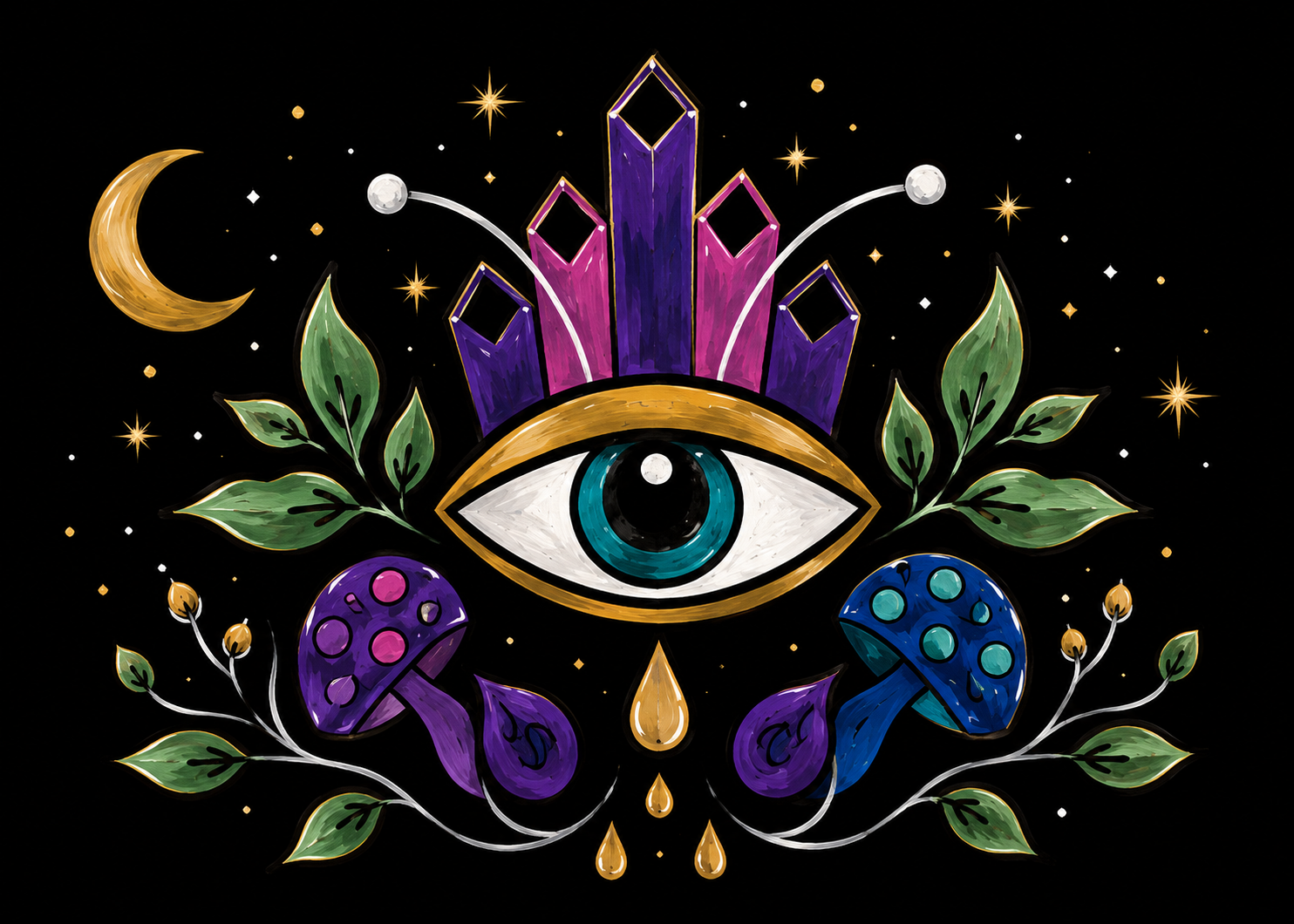 A stylized eye with blue iris and black pupil, surrounded by purple crystals, green leaves, and mushrooms, set against a black background with stars, a crescent moon, and white dots.
