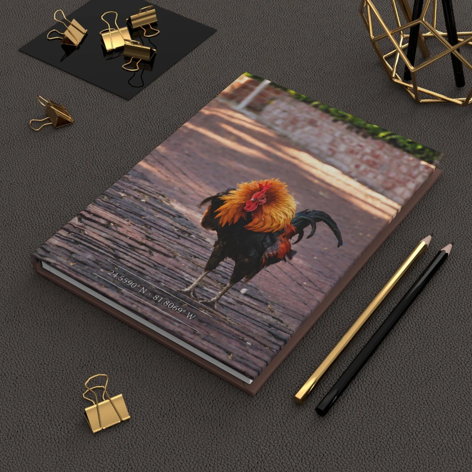 Photograph of a desk with gold and black pens, gold binder clips, and a notebook featuring a colorful rooster on its cover, with GPS coordinates overlaid on the image.