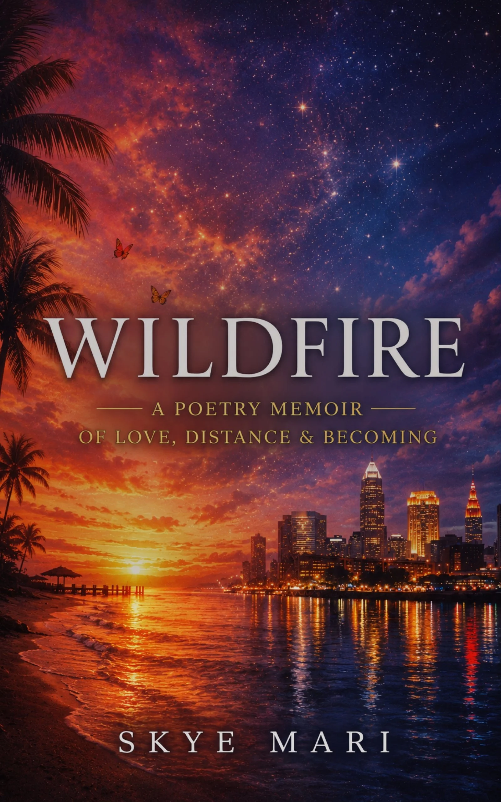 Cover of Wildfire, a contemporary poetry collection by Skye Mari featuring purple crystal-inspired artwork and themes of healing, reflection, resilience, and transformation.
