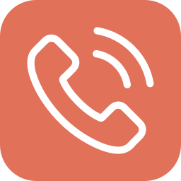 Icon of a white telephone receiver with sound waves on an orange background.