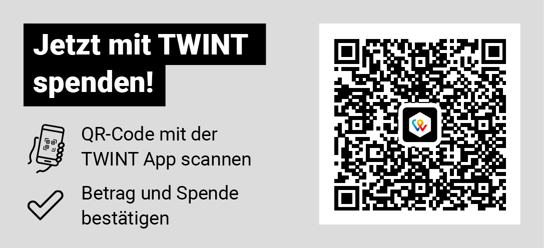 Ein Banner, das zum Spenden mit der TWINT-App auffordert, mit QR-Code zum Scannen und Anweisungen zum Spenden.