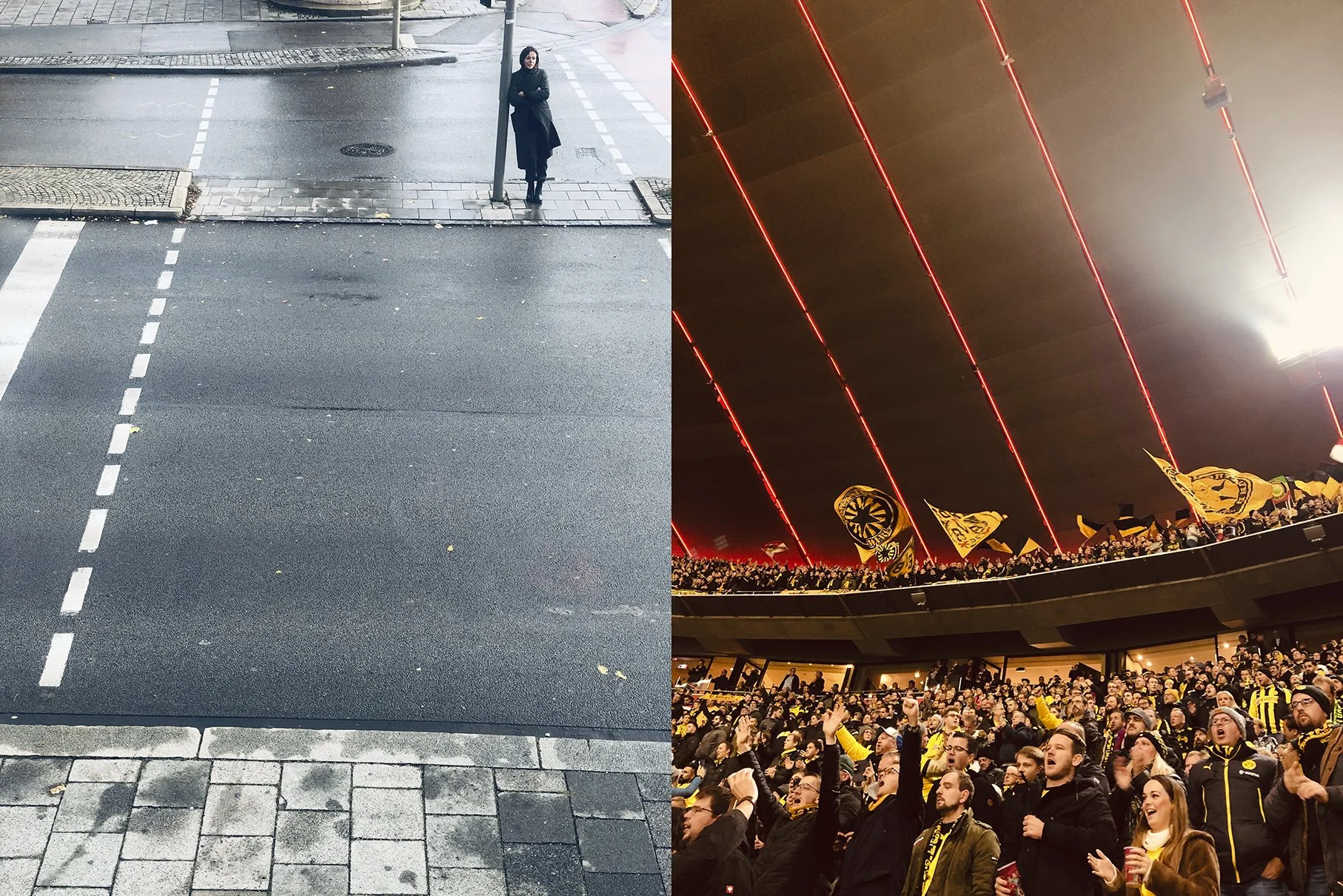 Ein leeres, nasses Stadtbild mit Straßenmarkierungen und einem Menschen, der an einer Laterne steht, auf der anderen Seite ein Fußballstadion mit rot leuchtenden Linien an der Decke und einem großen Publikum, das eine Teamfahne schwenkt.