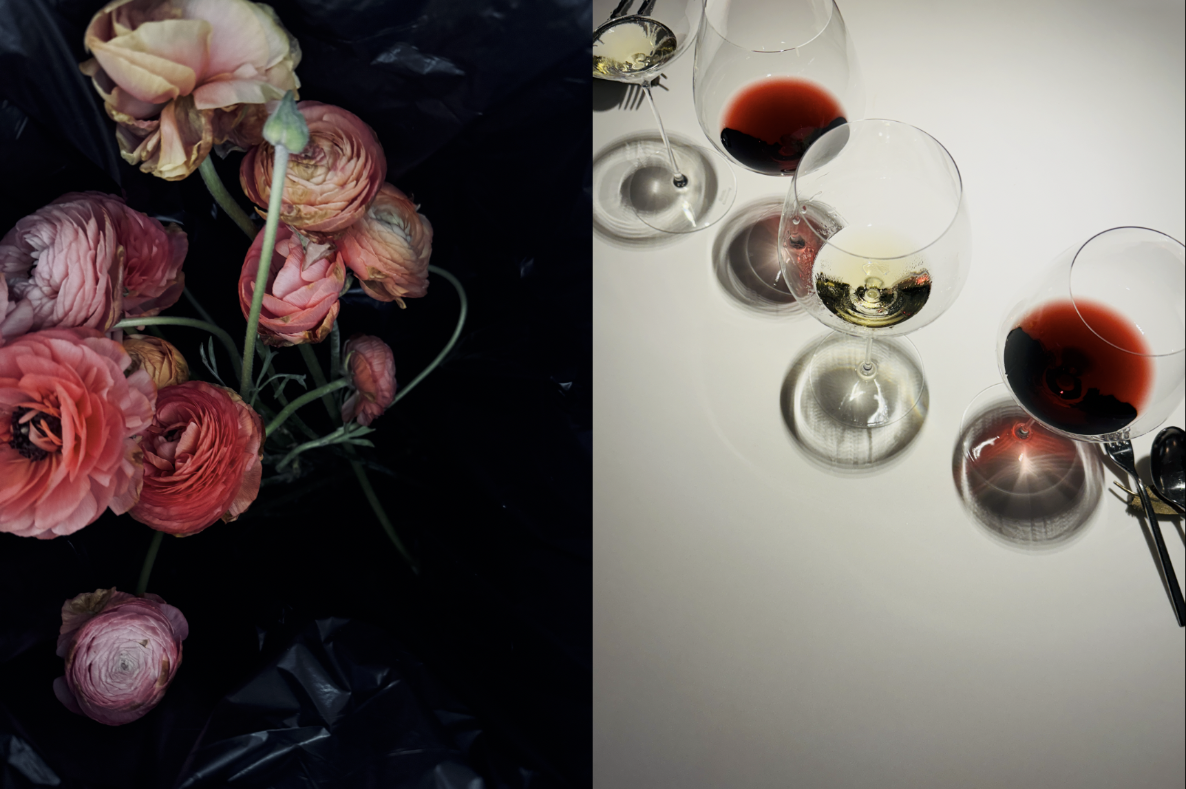 Linke Seite zeigt eine Gruppe von rosafarbenen und peachfarbenen Blumen, die in schwarzen Papier eingewickelt sind. Rechte Seite zeigt vier Weingläser, zwei mit rotem Wein, eines mit weißem Wein, und eines mit einem leichten alkoholischen Getränk auf einem weißen Tisch.