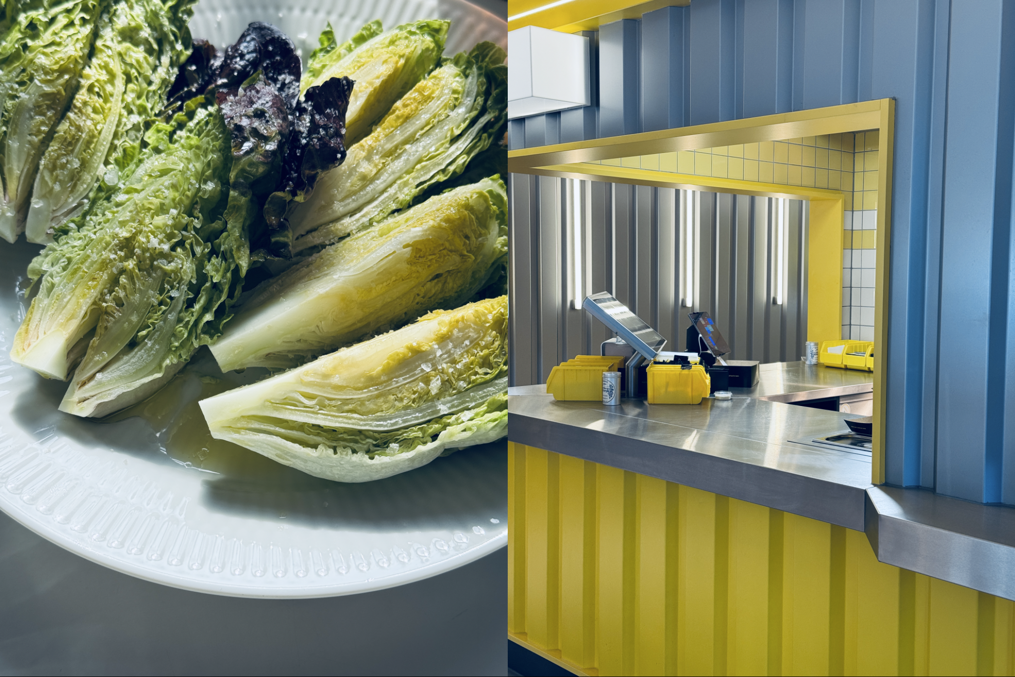 Nahaufnahme von verschiedenen frischen Salatblättern auf einem Teller auf der linken Seite; rechts eine moderne, farbenfrohe Ladeneinrichtung mit blauen Wänden, gelben Regalbalken und einem Thekenbereich in einem Geschäft oder Laden.