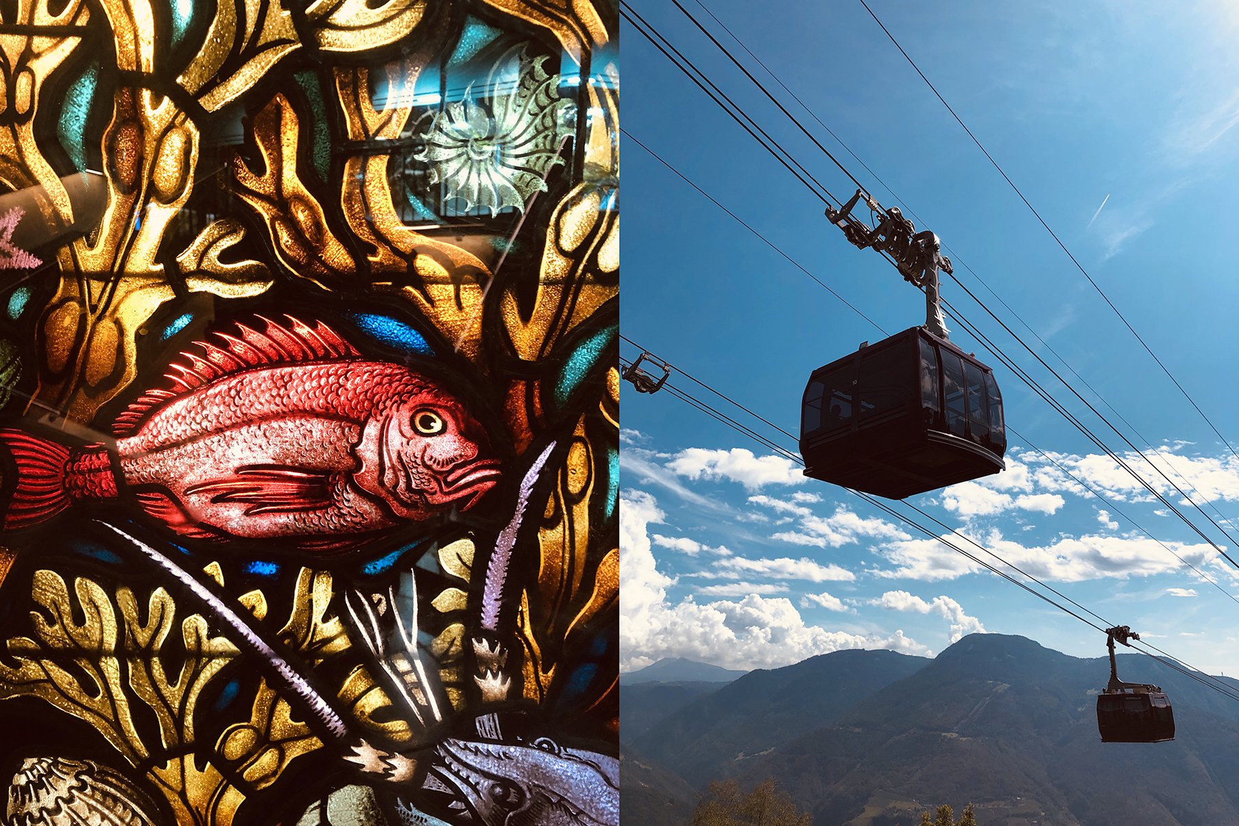 Das Bild zeigt eine kunstvolle, bunte Laterne mit einem roten Fisch und goldenen Verzierungen auf der linken Seite und eine Seilbahn, die durch den blauen Himmel über einer bergigen Landschaft auf der rechten Seite fährt.