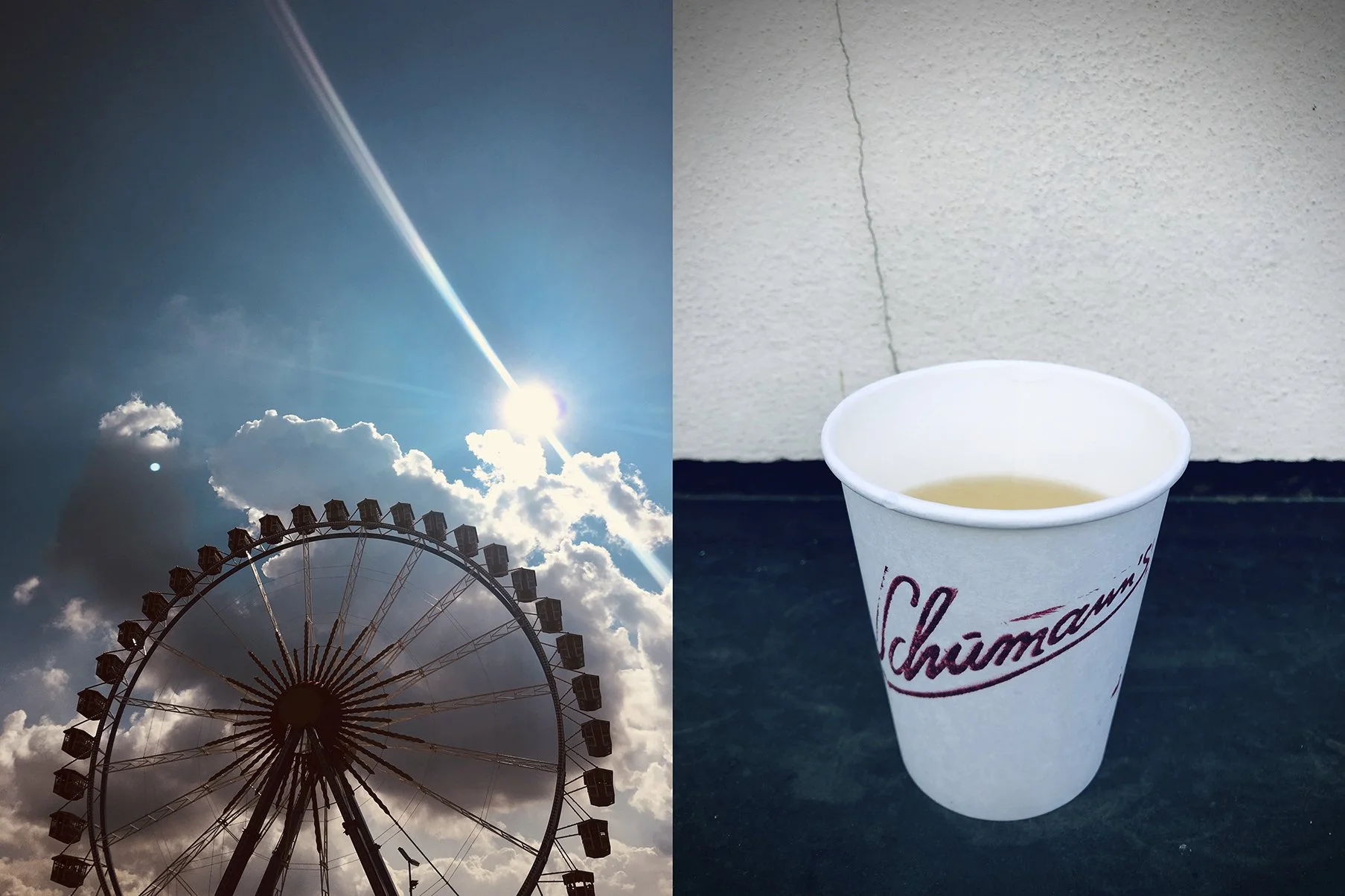 Links: Ein Riesenrad unter einem blauen Himmel mit Wolken und Sonneneinstrahlung. Rechts: Ein Pappbecher mit warmem Getränk vor einer hellen Wand.