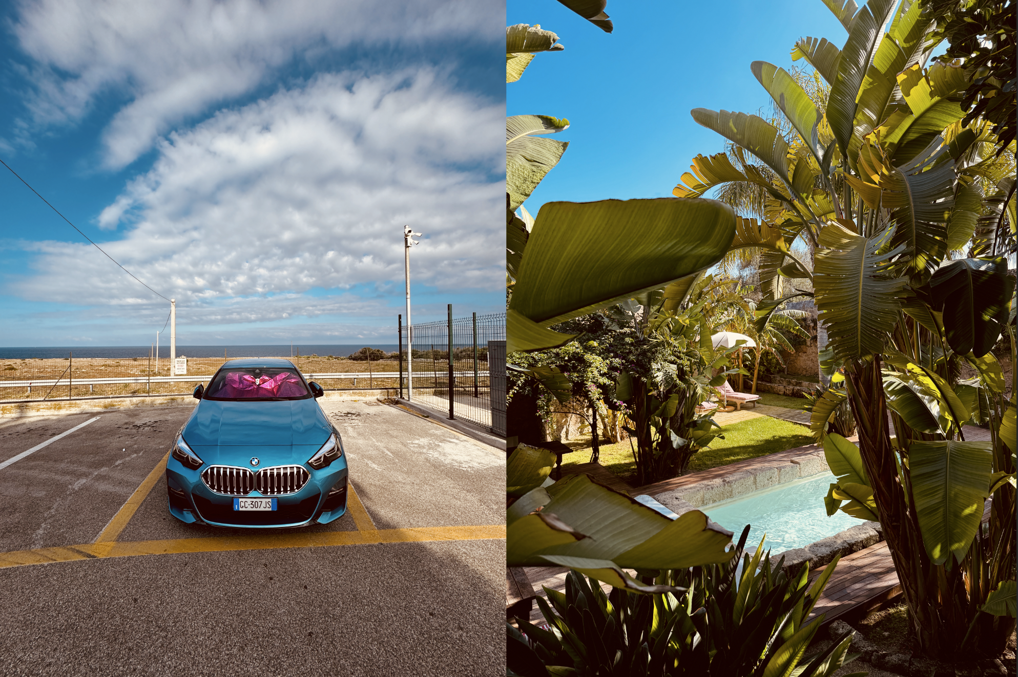 Seite an Seite sind zwei Bilder. Das linke Bild zeigt einen blauen BMW in einem Parkplatz mit Blick auf das Meer und Himmel mit Wolken. Das rechte Bild zeigt einen Garten mit großen grünen Blättern, Palmen und einem Pool im Hintergrund bei strahlendem Sonnenschein.
