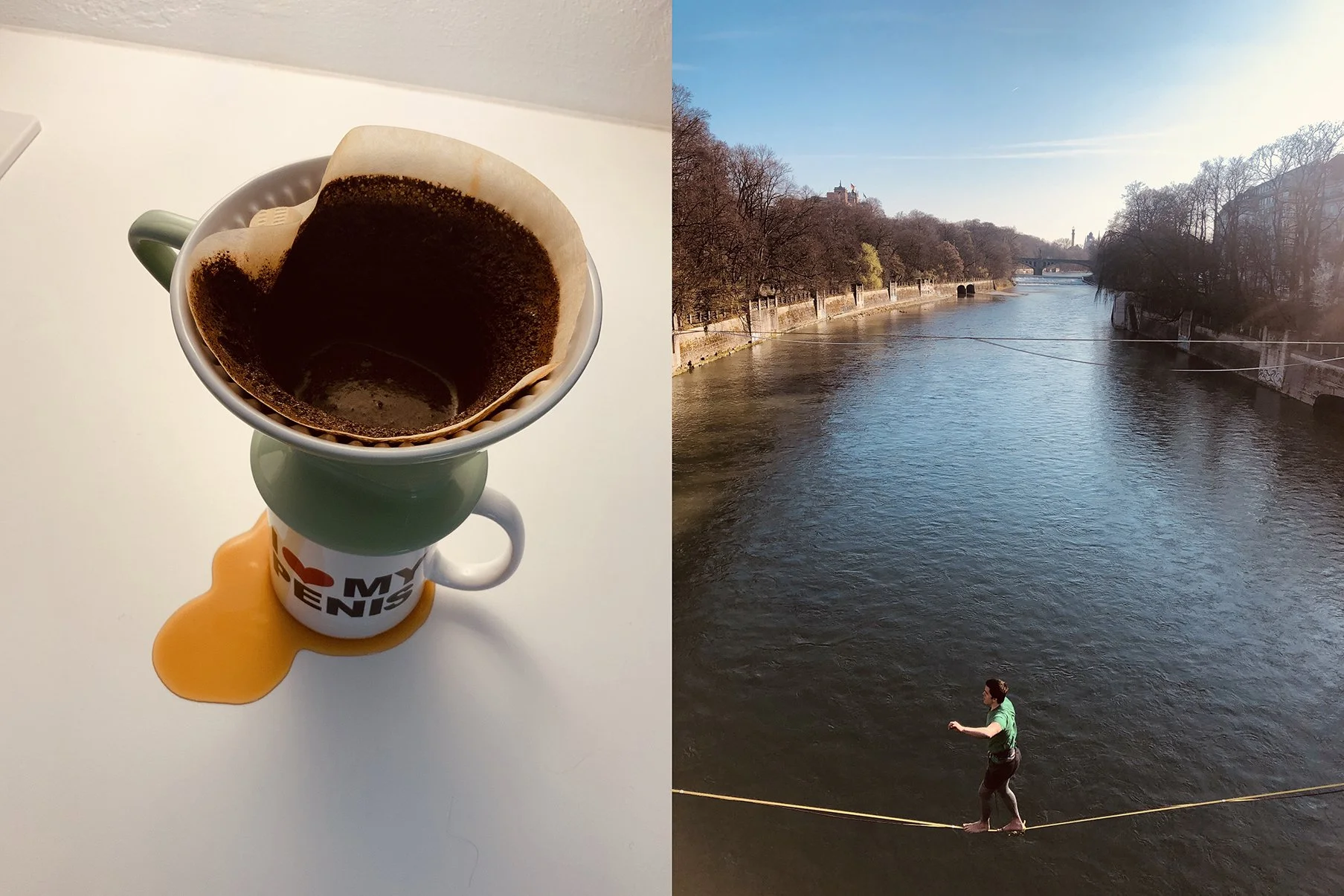 Linke Seite: Eine weiße Tasse mit Kaffee, die auf einem weißen Tisch steht, mit einem hintergrund, der aus einer grünen Untertasse und einem weißen Gegenstand mit einem Schriftzug besteht. Rechte Seite: Ein Mann in einer Wasserzeile, der auf einem Seil balanciert, während der Fluss sich dahinter erstreckt, umgeben von Bäumen und Brücken unter einem blauen Himmel.