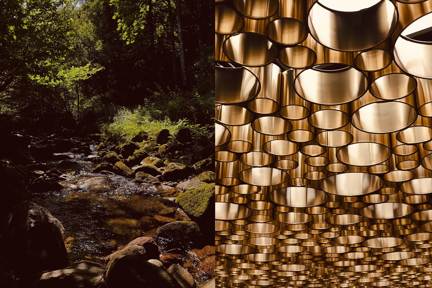 Bild teilt sich in zwei Hälften, links eine natürliche Flusslandschaft mit Wasser, Steinen und grünen Bäumen, rechts eine moderne Inneneinrichtung mit einer Deckenleuchte aus vielen bronzefarbenen, zylindrischen Metallrohren.