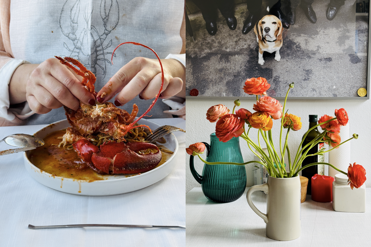 Auf der linken Seite wird eine Person beim Essen einer Garnele in einer Schüssel mit rotem, saftigem Essen gezeigt. Auf der rechten Seite befindet sich ein Farbfernseher mit einem Bild eines Hundes, darunter eine Vase mit orangefarbenen Blumen, eine grüne Karaffe, eine weiße Vase, eine Flasche mit Öl und einige Kerzen.