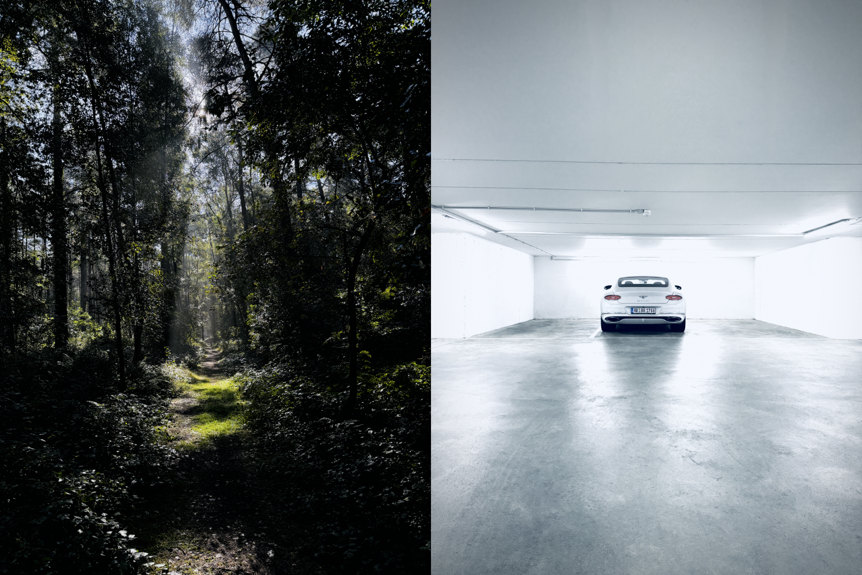 Links ein Waldweg mit Sonnenlicht durch die Bäume, rechts ein weißer Parkplatz mit einem weißen Sportwagen.