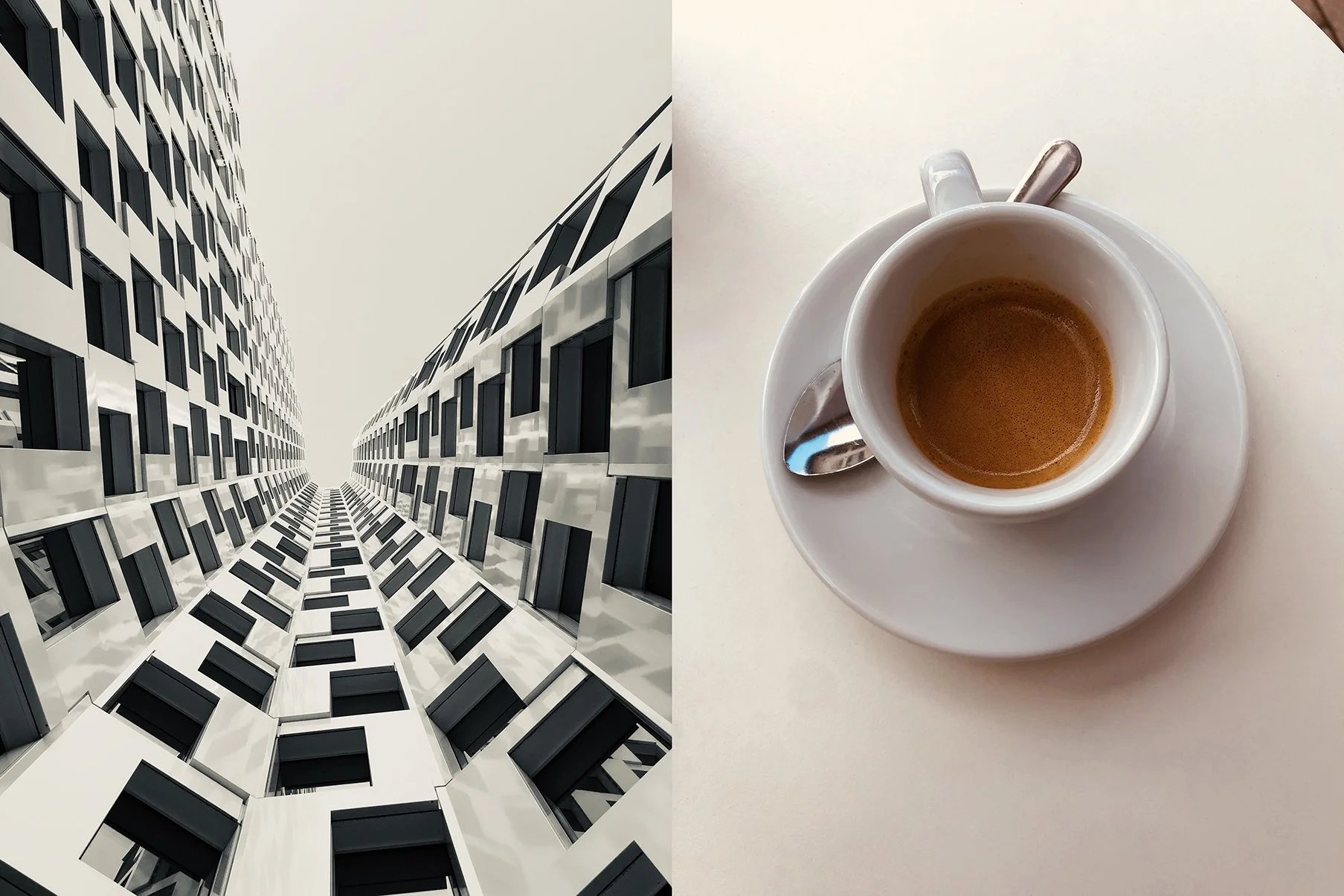 Linke Hälfte zeigt eine moderne Hochhausfassade mit geometrischem Mustern, rechte Hälfte zeigt eine weiße Tasse Kaffee auf einem weißen Unterteller, mit Löffel auf einem weißen Tisch.