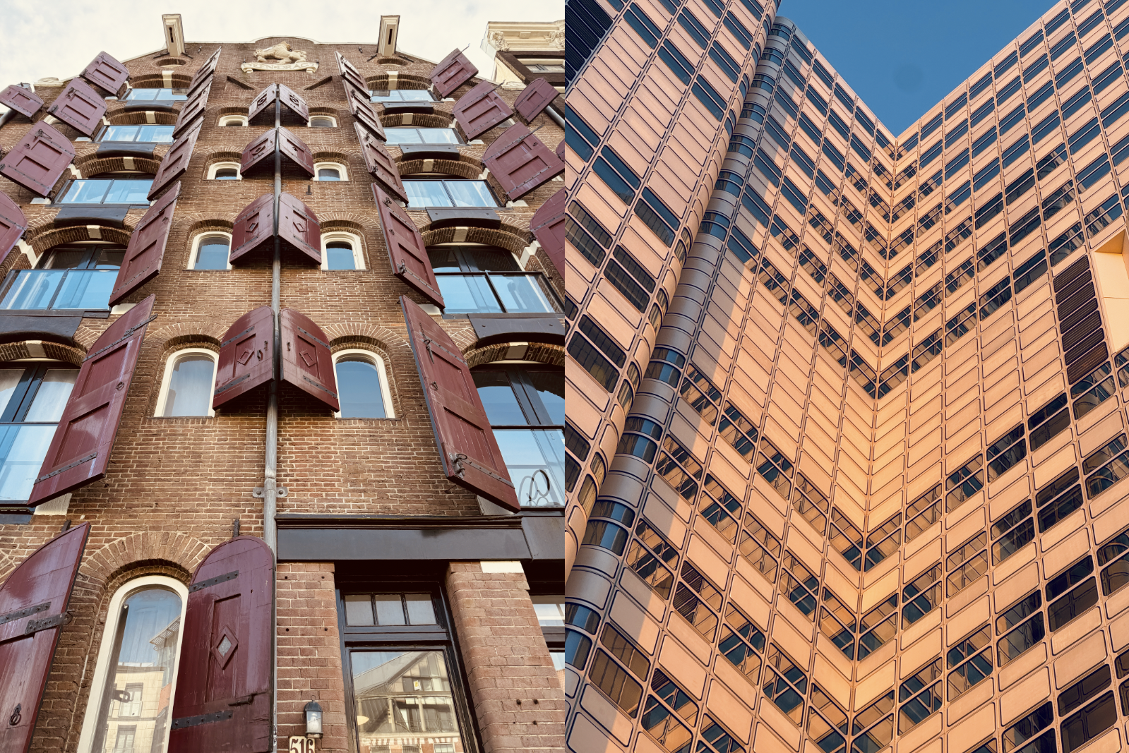 Vergleich zweier unterschiedlich moderner Hochhäuser, eines aus Backstein mit offenen Fensterläden und das andere mit Glasfassade bei Sonnenuntergang.