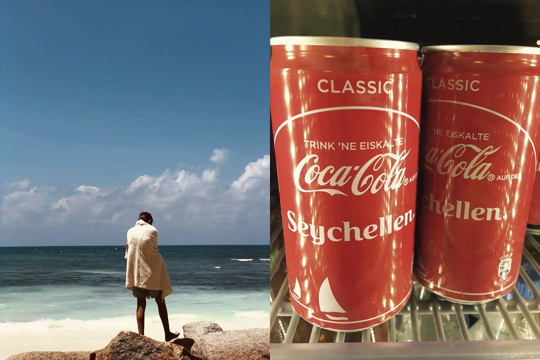 Ein Mensch steht am Strand und schaut aufs Meer, während im Supermarktregal drei Coca-Cola Dosen liegen.