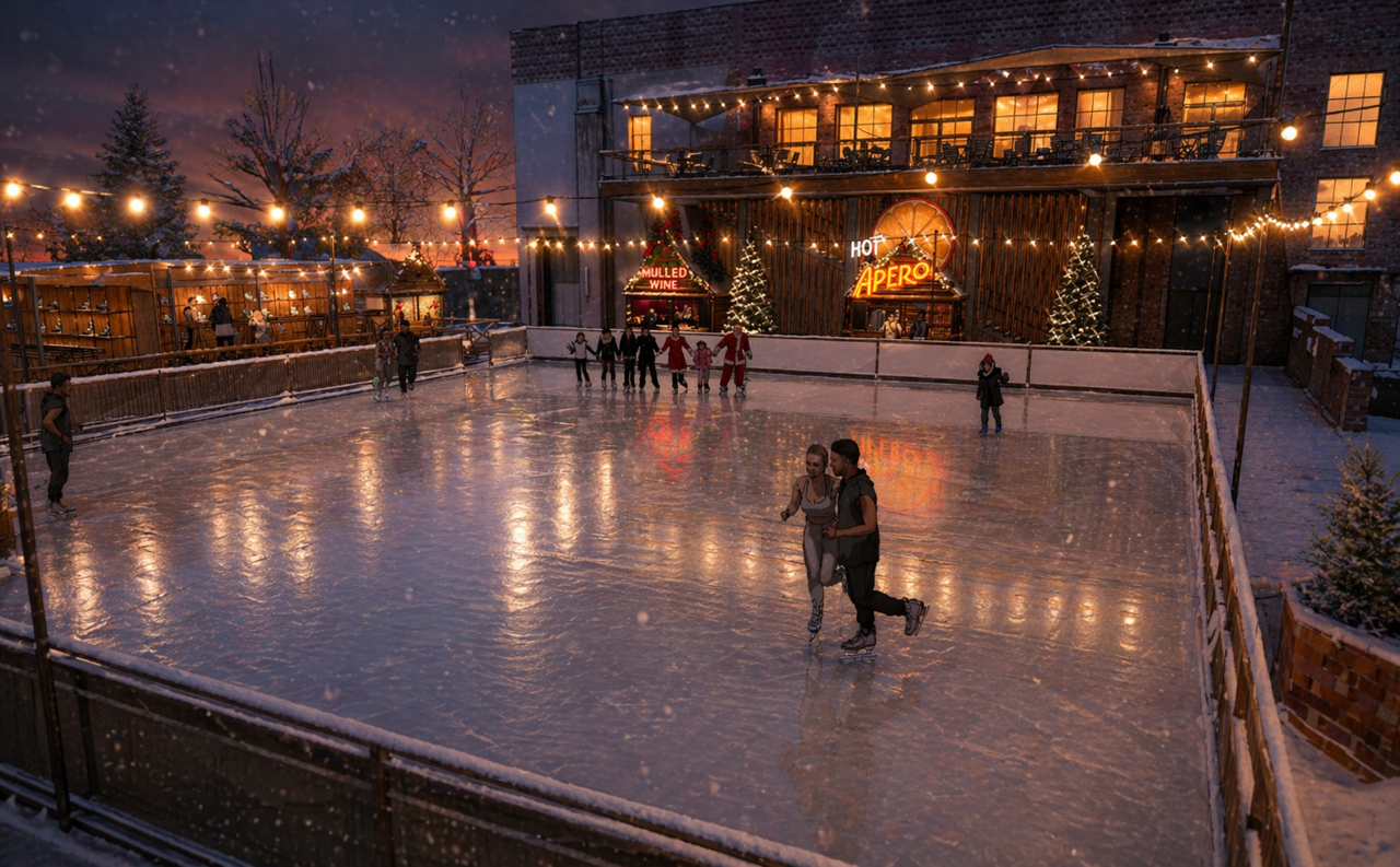 Ice skating on an outdoor rink in historic York, near York Minster, with festive festoon lights, mulled wine and decorated Christmas trees.