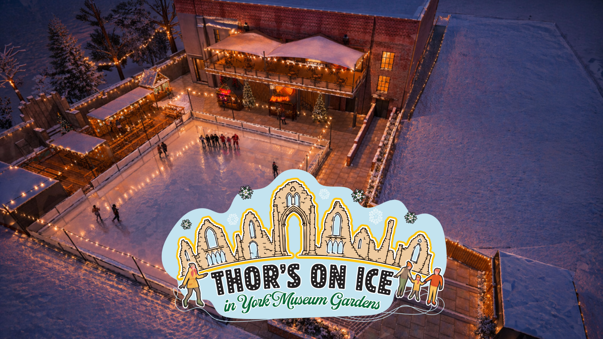 Image shows outdoor ice rink in York's Museum Gardens, surrounded by social areas, alpine lodges and mulled wine bar