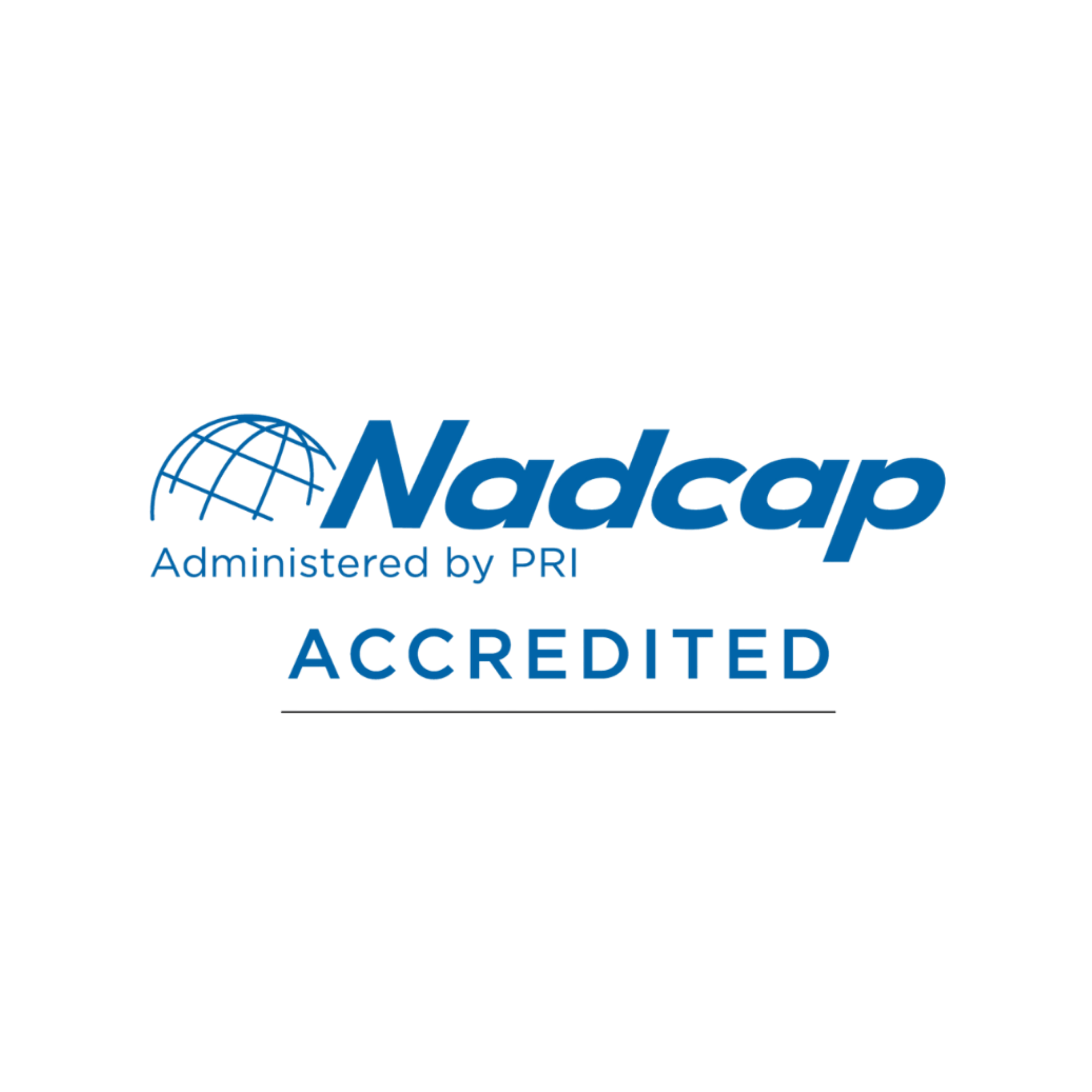 Nadcap accreditation logo with globe icon and blue text.