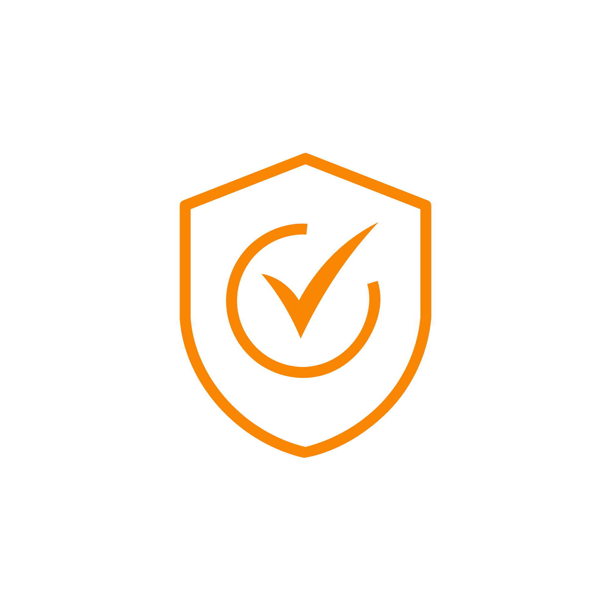 A black background with an orange outline of a cube, inside of which is a checkmark encircled by a circle, symbolizing approval or verification.