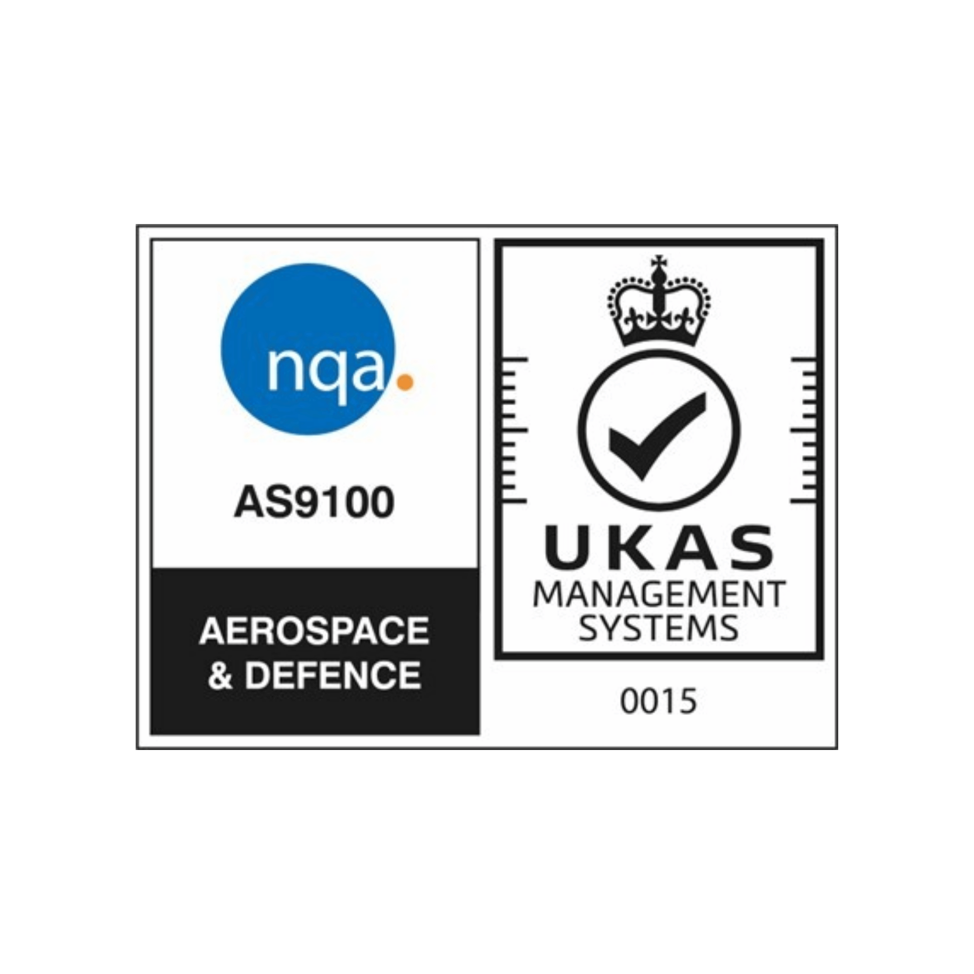 Close-up of a certification label with the logos of NASA and UKAS, indicating aerospace safety and management system standards, including the certification number and date.