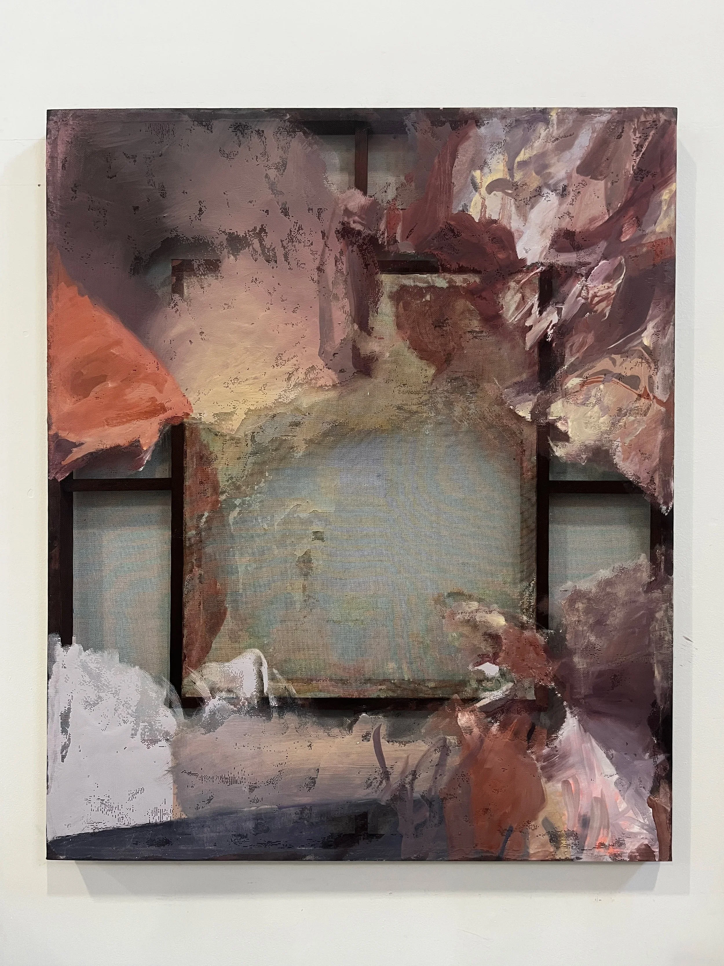 8 Ball Says Ask again, 102 cm x 122 cm,
Oil, Acrylic, Insect Screen and Pine, 2026