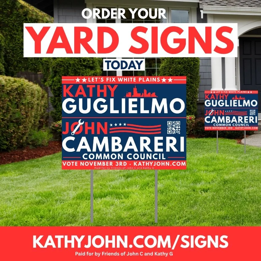 Yard signs are here!

Show your support by putting a sign in your yard.

Request yours for free today at the link in our bio.

Let&rsquo;s Fix White Plains. Vote November 3rd!

#whiteplains #whiteplainsny