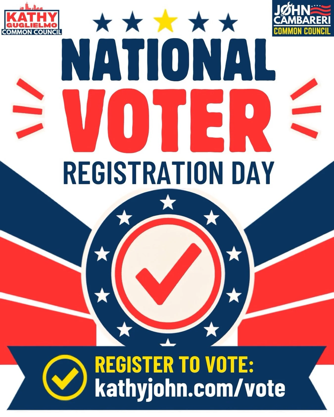 Today is National Voter Registration Day! 🇺🇸

Your voice matters, and your vote matters. Make sure you&rsquo;re registered and ready to make your voice heard this November.

Register to vote and find important voting information at kathyjohn.com/vo